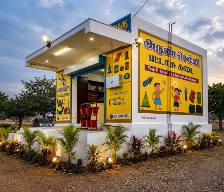 ArunSelvi Cracker Shop – front view with the yellow Tamil signboard