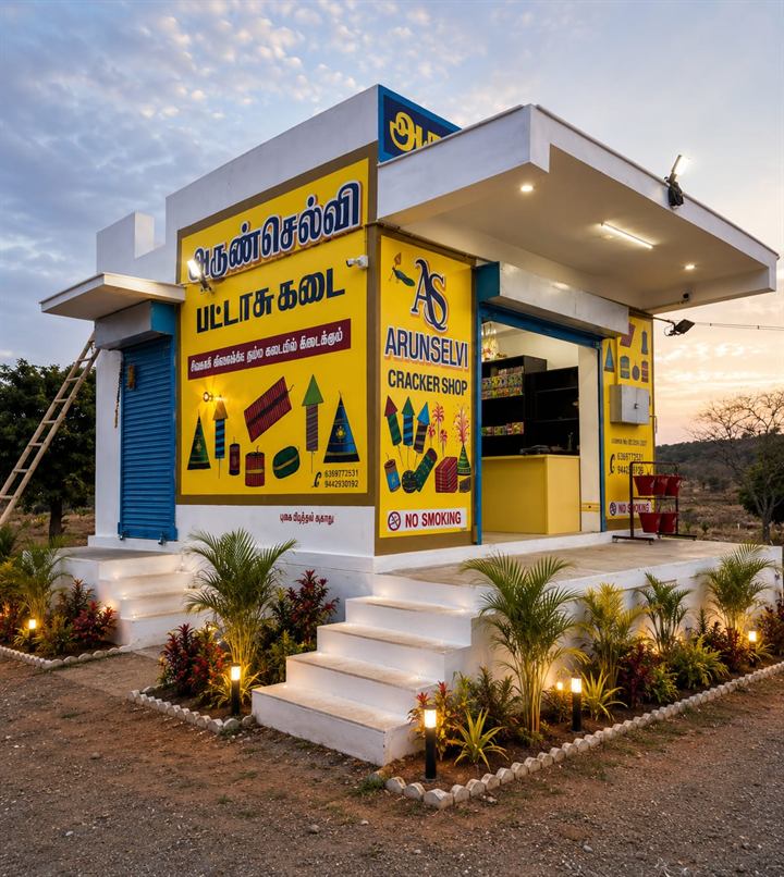 ArunSelvi Cracker Shop – entrance steps and shop counter